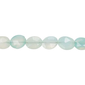 Aqua blue chalcedony 1pkg1, hand-cut faceted puffed oval bead 6 inch 8x6mm-10x7mm