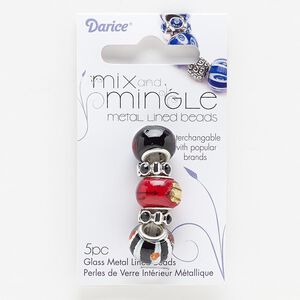 Bead, lampworked glass / glass rhinestone / silver-finished "pewter" (zinc-based alloy), black / red / white with copper- / silver- / gold-colored foil, 11x4mm rondelle and 14x11mm rondelle with stripes / lines / dots, 4.5-5mm hole. Sold per pkg 5.