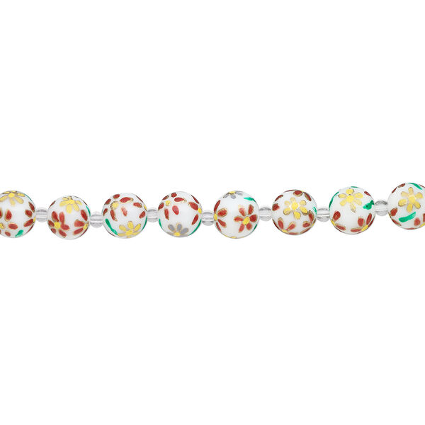 Bead, glass 1pkg8, multicolored, 14mm round with hand-painted flower. image number 1