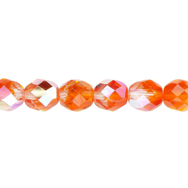 Bead, Czech fire-polished glass, two-tone, crystal/orange AB, 8mm faceted round. Sold per 15-1/2" to 16" strand. image number 0
