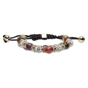 Bracelet, agate (dyed / heated) / glass rhinestone / nylon / polymer clay / gold-finished steel / "pewter" (zinc-based alloy), multicolored, 10mm wide, adjustable from 5-1/2 to 8-1/2 inches with macramé knot closure. Sold individually.