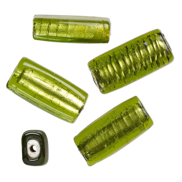 Bead, lampworked glass, opaque peridot green, 24x12mm-23x11mm flat tube with silver-colored foil. Sold per pkg of 4. image number 0