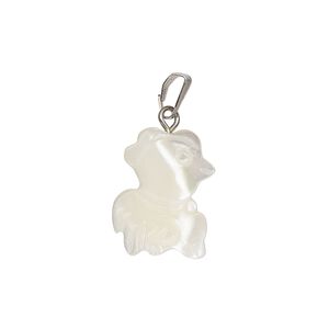 Pendant, mother-of-pearl shell (bleached) / antique silver-finished "pewter" (zinc-based alloy) / steel, 16x10mm-17x12mm single-sided carved chicken. Sold individually.