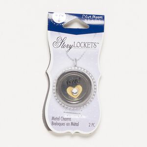 Charm mix, acrylic rhinestone / enamel / antique gold- / antique silver-finished steel, clear and black, 20mm undrilled flat round with "LOVE" and 12x10mm undrilled heart. Sold per pkg of 2.