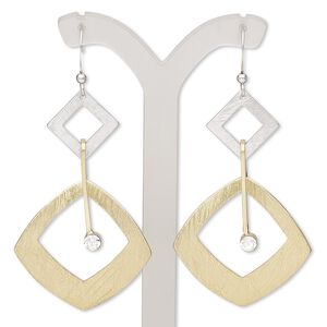 Earring, glass rhinestone / gold-plated / imitation rhodium-finished steel / brass, clear, 2-1/2 inches with brushed square and fishhook ear wire. Sold per pair.