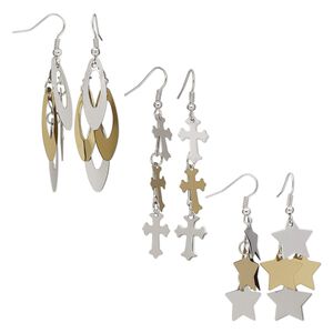 Earring mix, stainless steel / gold-finished steel / silver-plated brass / steel / stainless steel, mixed two-tones, 2 to 2-3/4 inch mixed shapes with fishhook ear wire and rubber earnuts. Sold per pkg of 3 pairs.