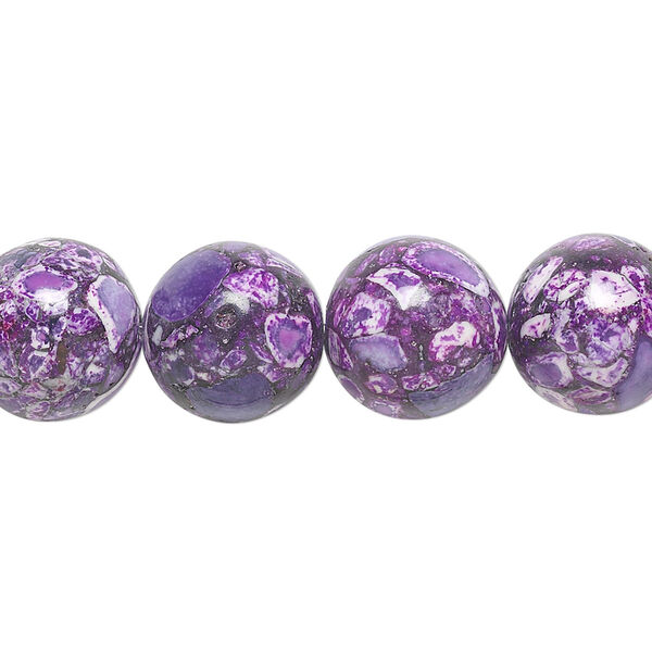 Bead, mosaic stone (dyed / assembled), purple / black / white, 12mm round, Mohs hardness 5 to 6. Sold per 15-1/2" to 16" strand. image number 0