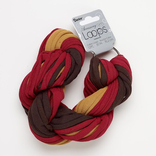 Cord, tee shirt, cotton and silver-finished steel, burgundy / dark brown / light brown, 20-24mm wide with 44mm ring, 30-inch continuous loop. Sold per pkg of 12. image number 0