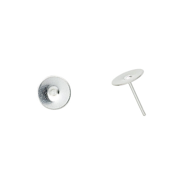 Earstud, silver-plated brass and steel, 8mm flat pad. Sold per pkg of 50 pairs. image number 0