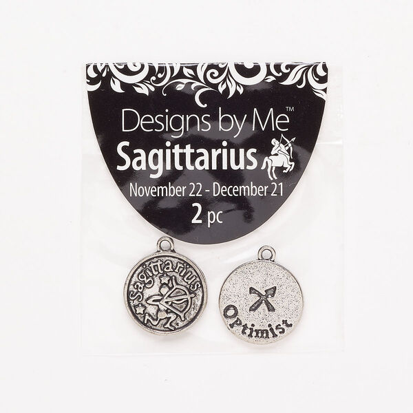 "Pewter" (zinc-based alloy) / enamel 1pkg2, 2-sided round charm / Sagittarius / "Optimist" antique silver-finish / black 17mm image number 0