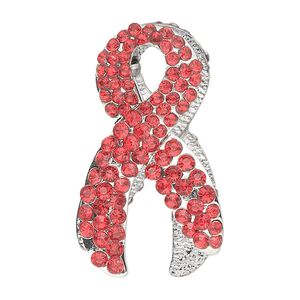 Brooch, silver-finished pewter (tin-based alloy) and Czech acrylic rhinestones, red, 33x21mm awareness ribbon. Sold per pkg of 2.