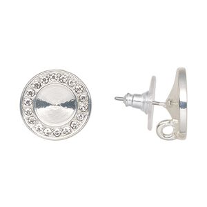Earstud 1pkg2 Almost Instant Jewelry® "pewter" (zinc-based alloy) / cubic zirconia, 15mm round / SS39 rivoli glue-in setting / closed hidden loop / comfort clutch, silver-finished / clear 1 pair