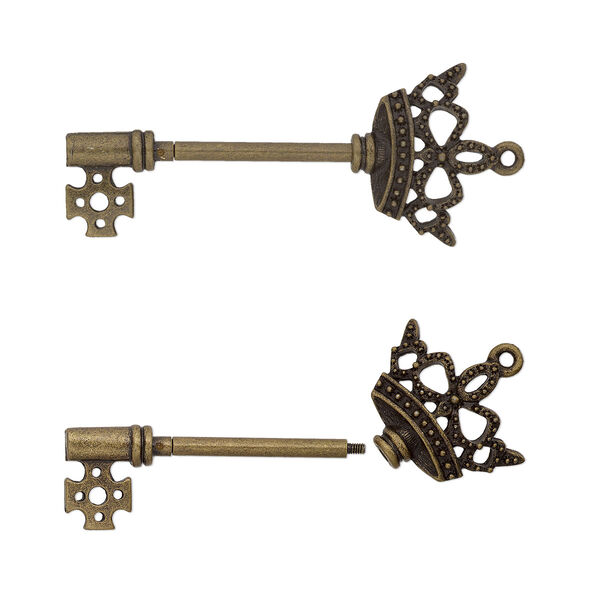 Focal, bead pin, antique brass-finished "pewter" (zinc-based alloy) and brass, 70x30mm single-sided key with crown and twist-off head, 32mm beadable length. Sold individually. image number 0