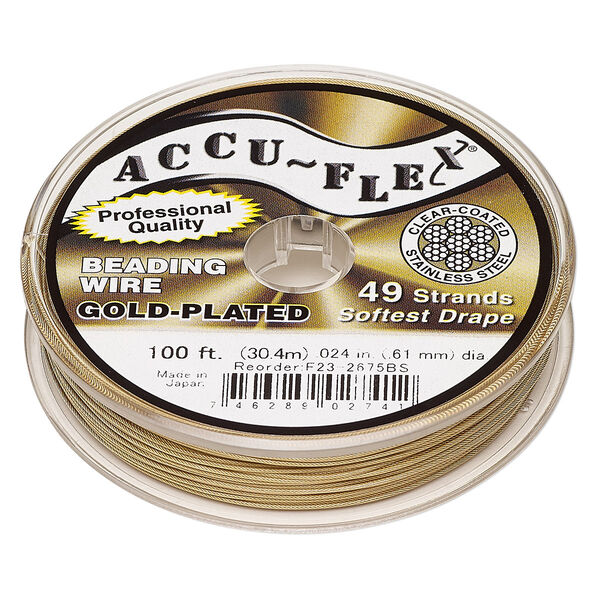 Beading wire, Accu-Flex®, nylon and 24Kt gold-plated stainless steel, clear, 49 strand, 0.024-inch diameter. Sold per 100-foot spool. image number 0