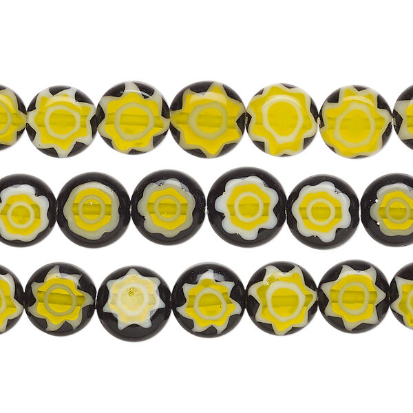 Bead mix, millefiori glass, black, yellow and white, 8mm flat round with star design. Sold per pkg of (3) 14-inch strands. image number 0