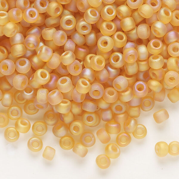 Seed bead, Dyna-Mites™, glass, transparent frosted rainbow amber yellow, #6 round. Sold per 40-gram pkg. image number 0