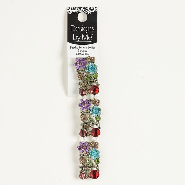 Bead spacer "pewter" zinc-based alloy acrylic glass enamel 3pk 32x18mm-33x18mm 2-strand rectangle, antique brass finish multicolored image number 0