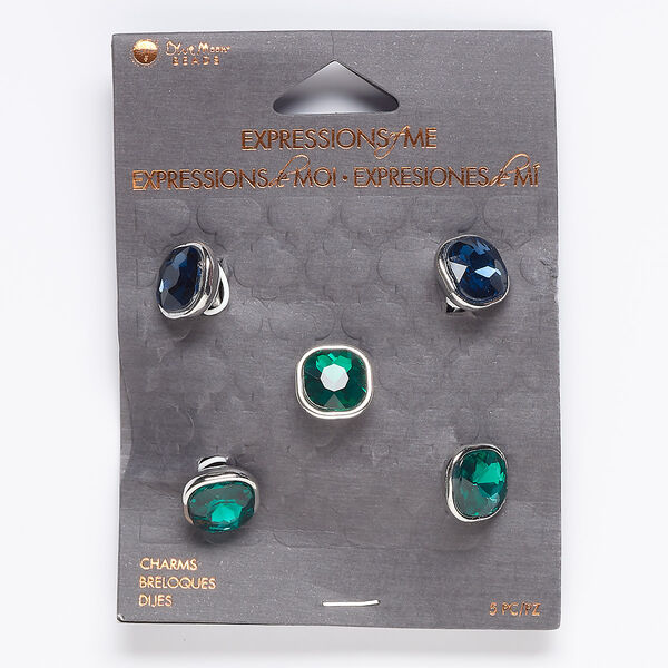 Slide mix, glass and silver-finished "pewter" (zinc-based alloy), blue and green, 12x9mm rounded faceted square with 6.5mm hole. Sold per pkg of 5. image number 0
