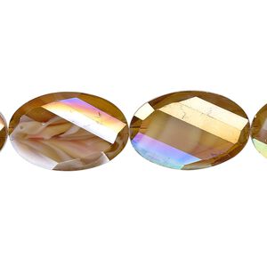 Bead, millefiori glass, translucent marbled amber yellow AB, 20x13mm faceted wavy oval. Sold per 8-inch strand, approximately 10 beads.