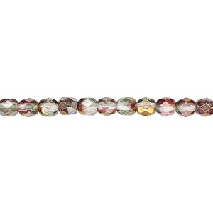 Bead, Czech fire-polished glass, pink and green luster, 4mm faceted round. Sold per pkg of 1,200 (1 mass).