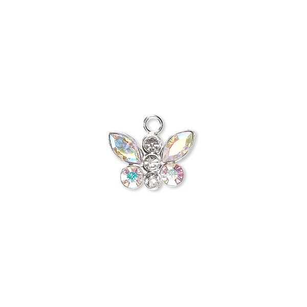 Charm, crystals and sterling silver, crystal AB, 12x8mm butterfly. Sold individually. image number 0