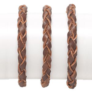 Bracelet, leather (dyed) and waxed cotton cord, brown, braid, adjustable from 6-8 inches with knot closure. Sold per pkg of 3.
