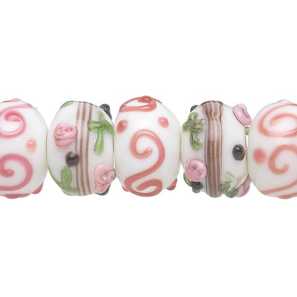 Bead, lampworked glass, multicolored, 13x8mm-15x11mm bumpy rondelle with assorted flower and swirl designs. Sold per pkg of 20. image number 0