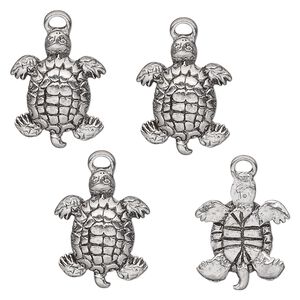 Charm, antiqued pewter (tin-based alloy), 17x14mm turtle. Sold per pkg of 4.