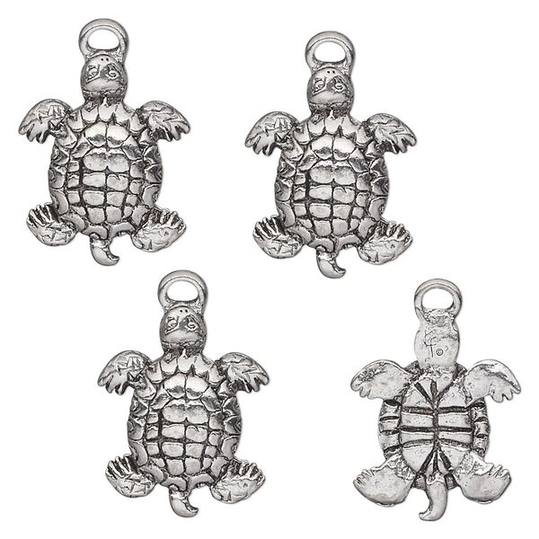 Charm, antiqued pewter (tin-based alloy), 17x14mm turtle. Sold per pkg of 4. image number 0