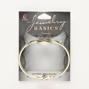 Bracelet, hinged cuff, gold-finished steel, 25mm wide with 16mm flat round mounting, 5-1/2 inches. Sold individually.