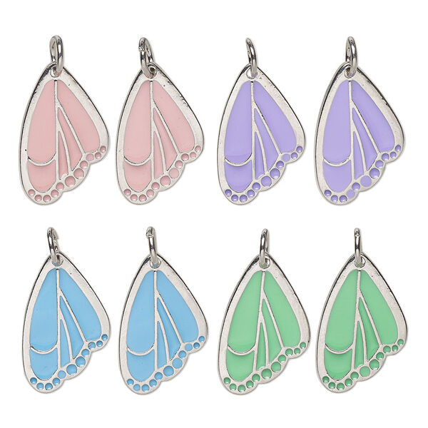 Charm, imitation rhodium-finished brass and enamel, mixed colors, 20x13mm single-sided butterfly wing with jump ring. Sold per pkg of 8. image number 0