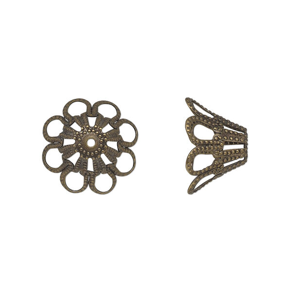 Bead cap, antique gold-plated brass, stamped, 14x8mm fancy basket with cutout pattern, fits 14-18mm bead. Sold per pkg of 20. image number 0