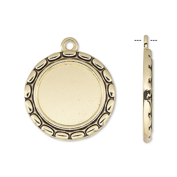 Drop, antique gold-finished "pewter" (zinc-based alloy), 23mm round with oval edge and 16mm round setting. Sold per pkg of 6. image number 0