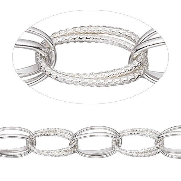 Chain, sterling silver, 7mm textured double oval cable. Sold per pkg of 5 feet. image number 0