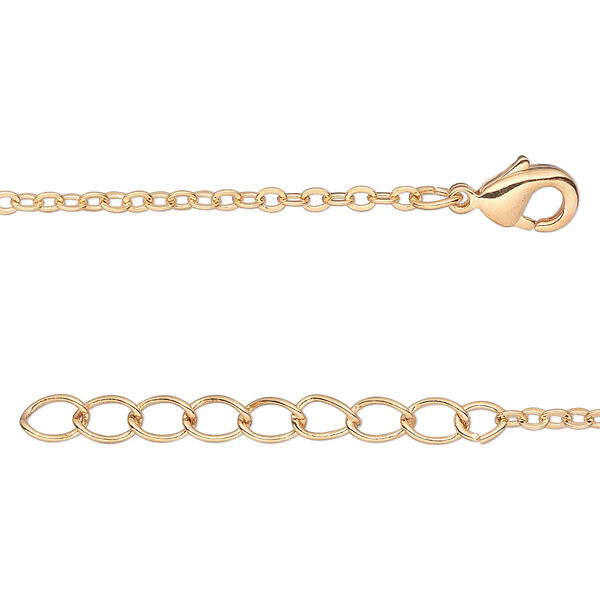 Chain, gold-finished brass, 2mm flat cable, 36 inches with  1-1/4 inch extender chain and lobster claw clasp. Sold per pkg of 2. image number 0