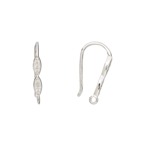 Ear wire, cubic zirconia and sterling silver, clear, 19mm fishhook with 13x3mm hand-cut double marquise and open loop, 18 gauge. Sold per pair. image number 0