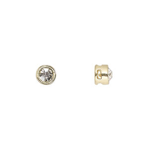 Spacer, glass rhinestone and gold-finished "pewter" (zinc-based alloy), clear, 6x5mm cross-drilled round with 4mm chaton. Sold per pkg of 6.