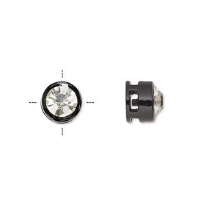 Spacer, glass rhinestone and painted "pewter" (zinc-based alloy), black and clear, 9x8mm cross-drilled round with 7mm chaton. Sold per pkg of 6.
