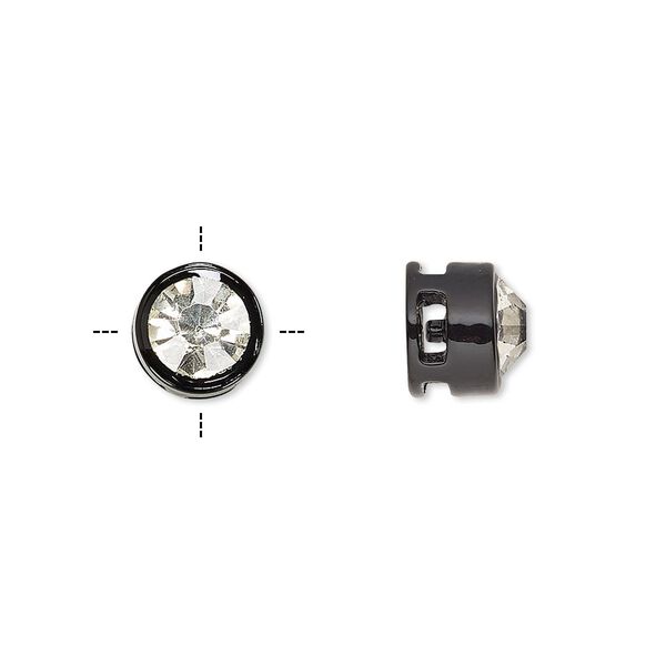 Spacer, glass rhinestone and painted "pewter" (zinc-based alloy), black and clear, 9x8mm cross-drilled round with 7mm chaton. Sold per pkg of 6. image number 0
