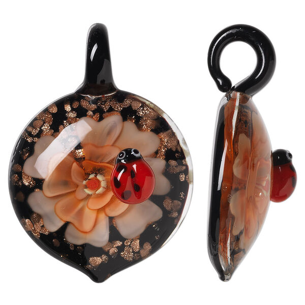 Pendant, lampworked glass, orange and multicolored with copper-colored foil, 50x34mm single-sided domed round with flower and ladybug design. Sold individually. image number 0