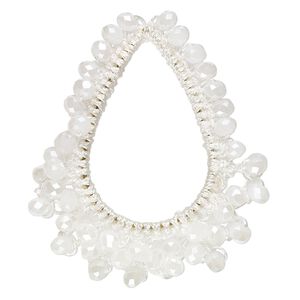 Focal, glass / nylon / steel, white AB, 52x43mm-55x44mm open teardrop with fringe.. Sold per pkg of 2.