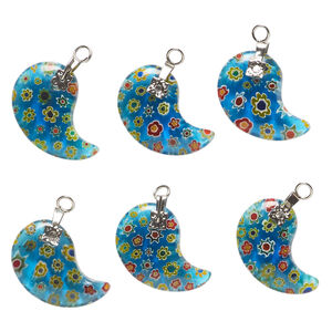 Drop, millefiori glass and silver-finished steel 1pkg6, translucent aqua blue and multicolored, 23x18mm-24x20mm paisley.