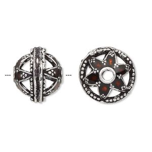 Bead, enamel and antique silver-plated brass, transparent red, 16x14mm beaded rondelle with star design. Sold individually.