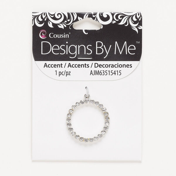 Drop, silver-finished "pewter" (zinc-based alloy) and glass, clear, 28mm single-sided open round. Sold individually. image number 0