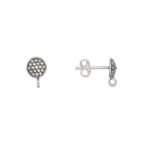 Earstud, antiqued sterling silver, 6mm beaded round with closed loop. Sold per pair. image number 0