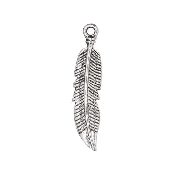 Charm, antique silver-plated "pewter" (zinc-based alloy), 28x7mm double-sided feather. Sold per pkg of 10. image number 0