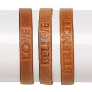 Bracelet, leather (dyed) and waxed cotton cord, tan and brown, 10.5mm wide with stamped "LOVE" / "BELIEVE" / "STRENGTH," adjustable from 6-9 inches with knot closure. Sold per pkg of 3.