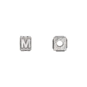 Bead, antiqued pewter (tin-based alloy), 8x6mm rectangle with alphabet letter "M". Sold per pkg of 4.