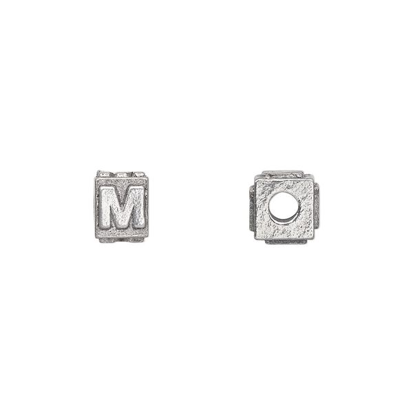 Bead, antiqued pewter (tin-based alloy), 8x6mm rectangle with alphabet letter "M". Sold per pkg of 4. image number 0