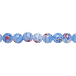 Bead, millefiori glass 1pkg1, translucent multicolored / red / white, 6mm round, 15 inches.